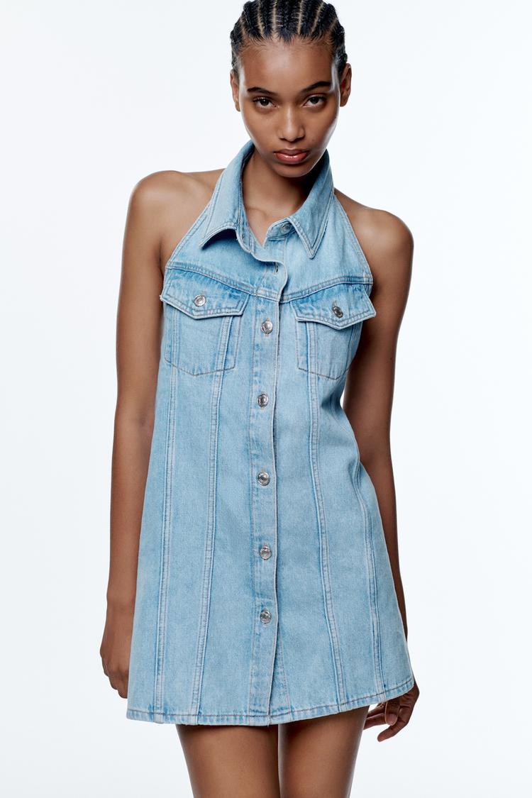 ZARA DENIM HALTER NECK selling DRESS LIGHT BLUE